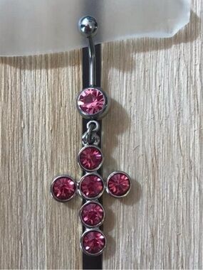 Pink gem cross dangle belly button ring navel ring piercing 14 gauge new